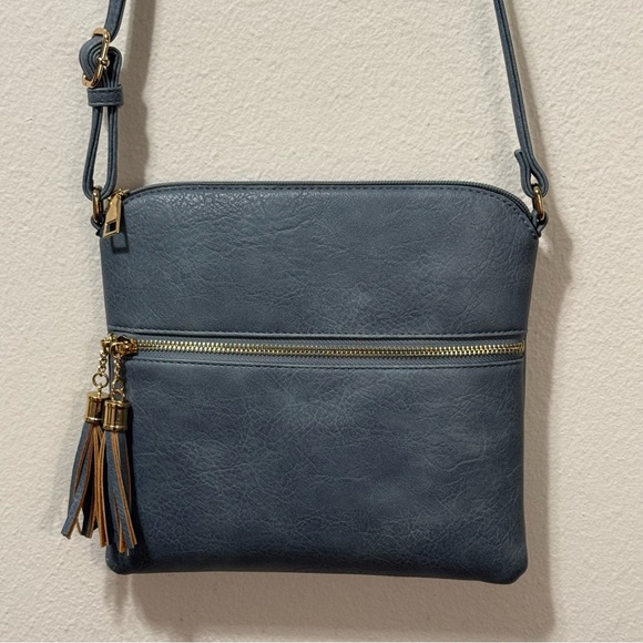 Handbags - Chic Blue Crossbody Bag with Tassel Accents